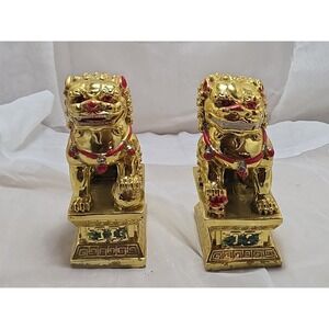 Vtg Pair Chinese Guardian Foo Dogs, gold plated possibly bronze heavy 7"